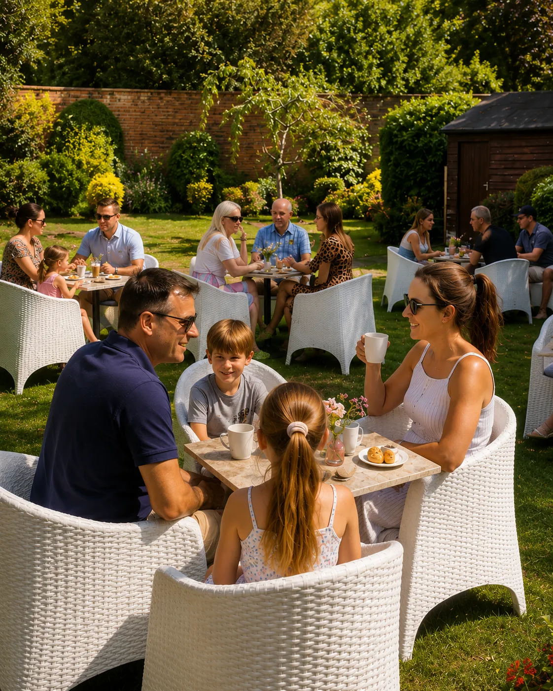 Café@GXCA’s walled garden, set with white rattan tables and chairs on the lawn under mature trees