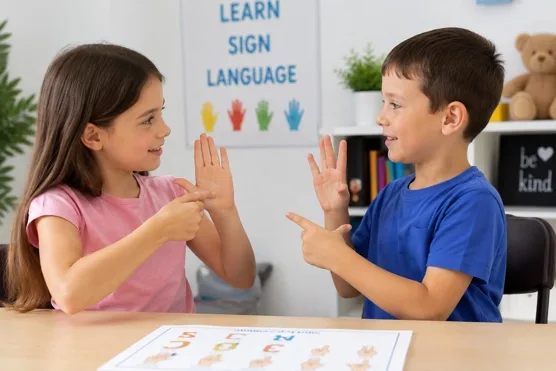 Two children learning sign language