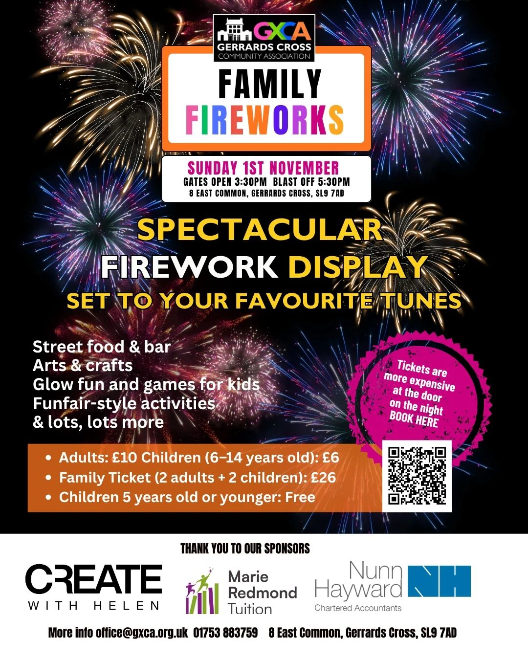 GXCA Family Fireworks 2026 flyer - Sunday 1 November, gates 3.30pm, display 5.30pm