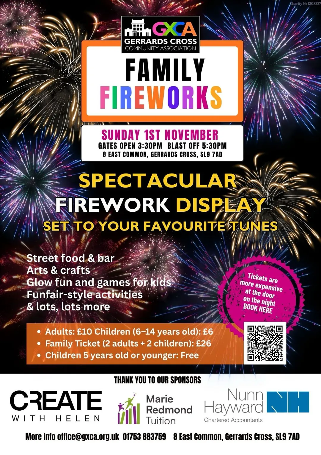 GXCA Family Fireworks 2026 flyer - Sunday 1 November, gates 3.30pm, display 5.30pm