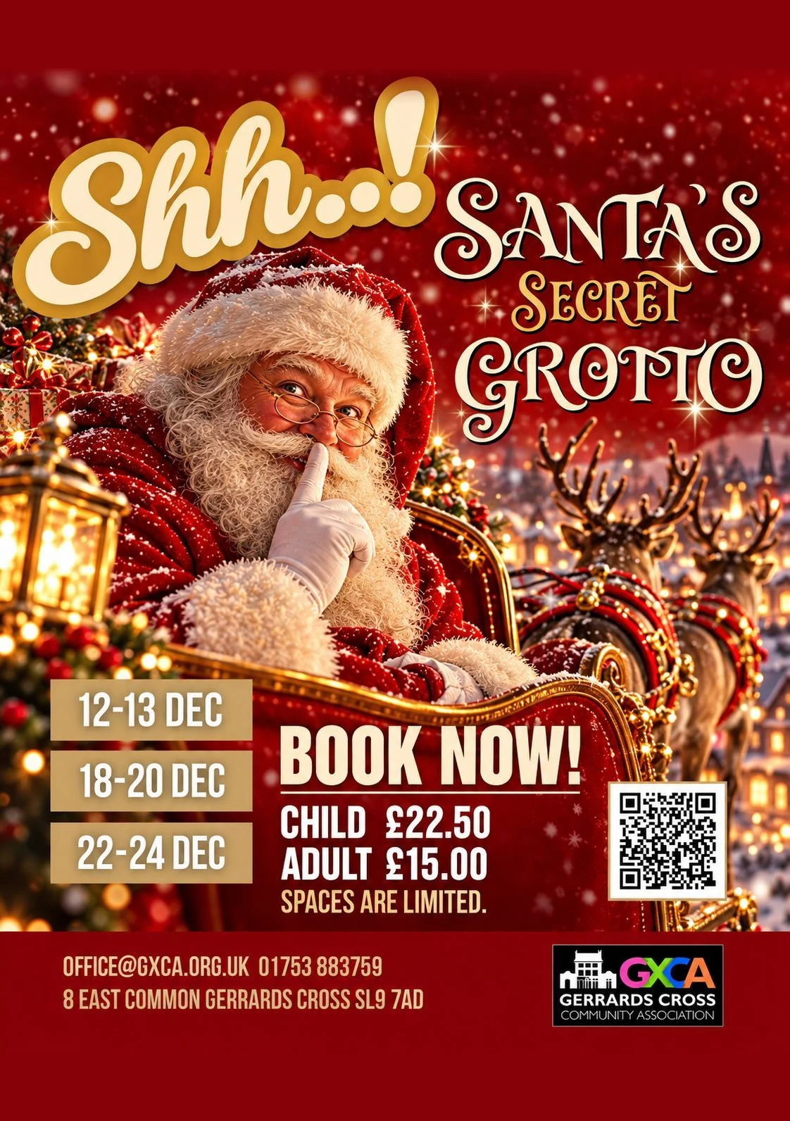 Santa’s Secret Grotto poster: 12-13, 18-20 and 22-24 December. Child £22.50, adult £15.00.