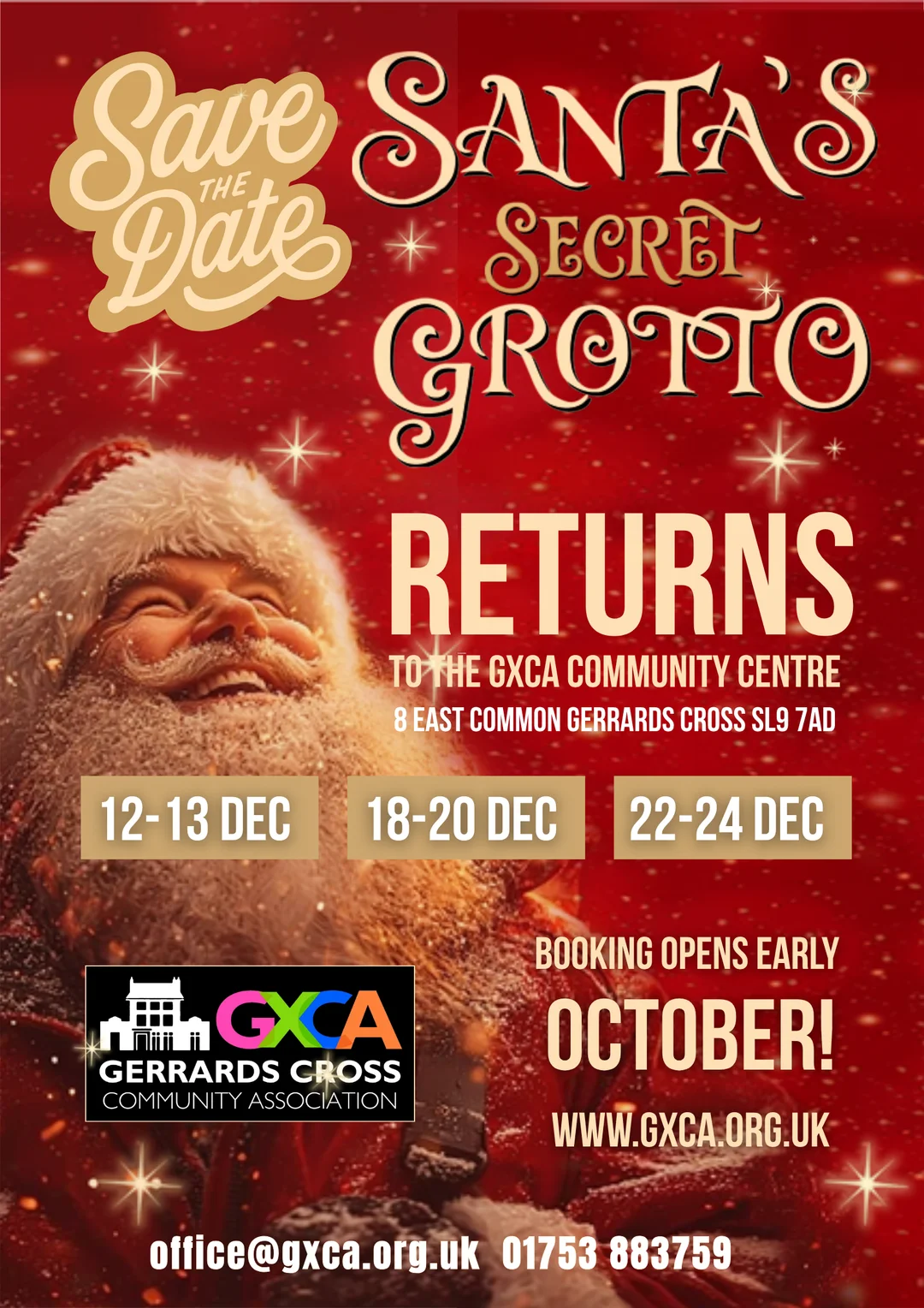 Santa’s Secret Grotto save-the-date flyer - returns to the GXCA Community Centre on 12-13, 18-20 and 22-24 December