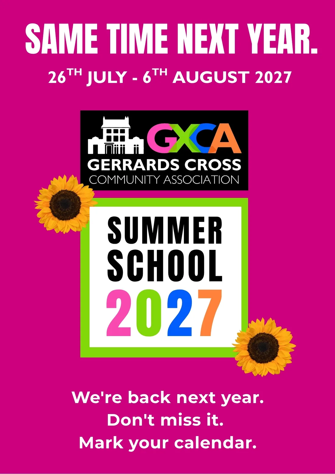 Gerrards Cross Summer School 2027 ‘save the date’ poster