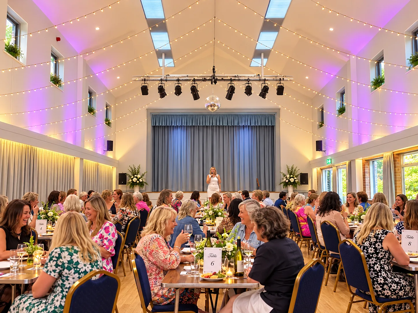 Guests dining at long tables in Colston Hall under fairy lights and pink uplighting