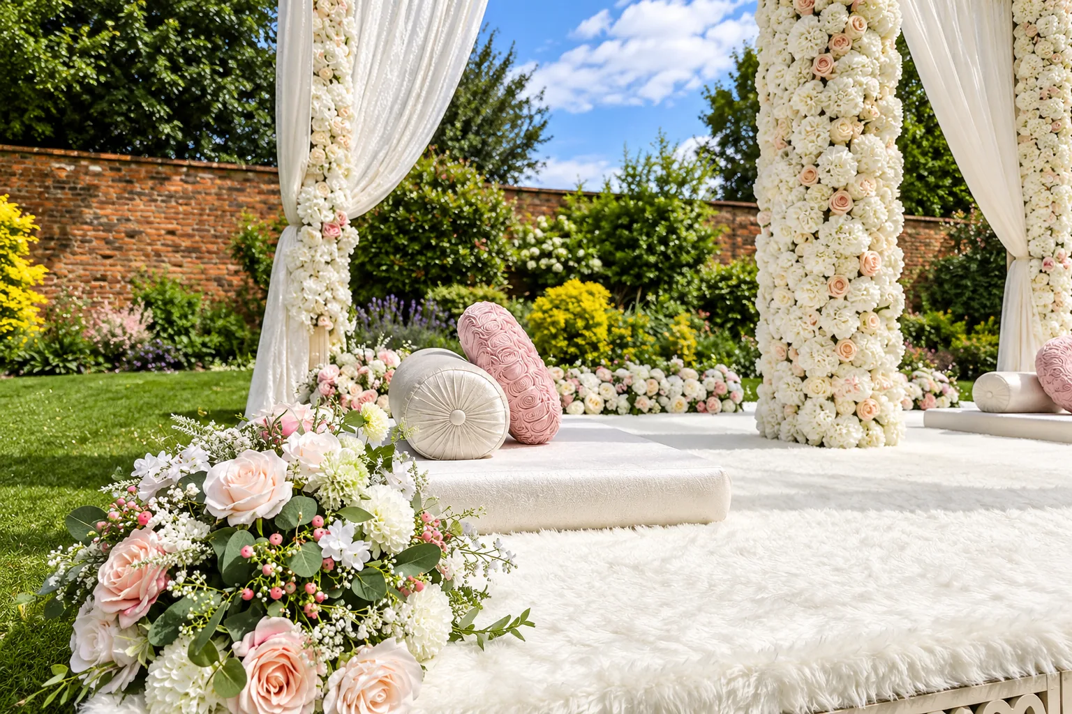 A flower-covered pavilion and cushions arranged on a garden lawn