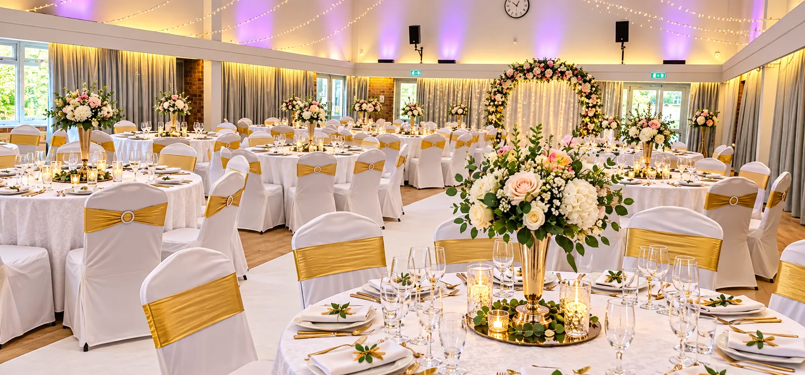 Colston Hall laid for a wedding breakfast, white chair covers with gold sashes and floral centrepieces