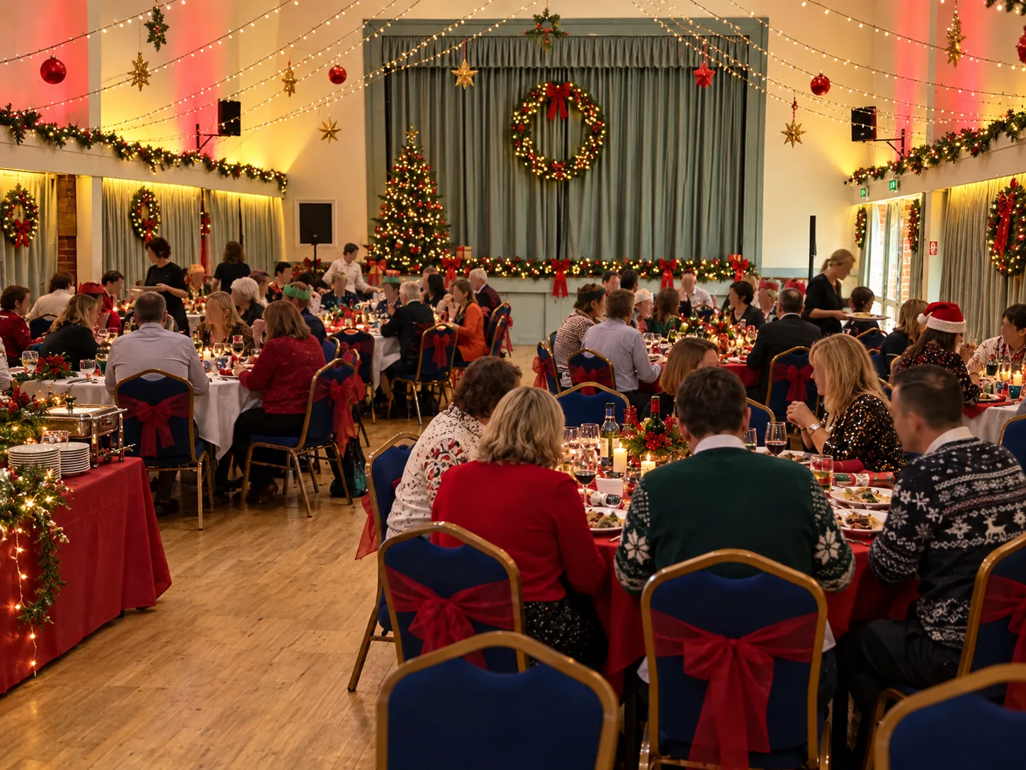 A Christmas dinner in Colston Hall, red table linen, garlands and a decorated tree