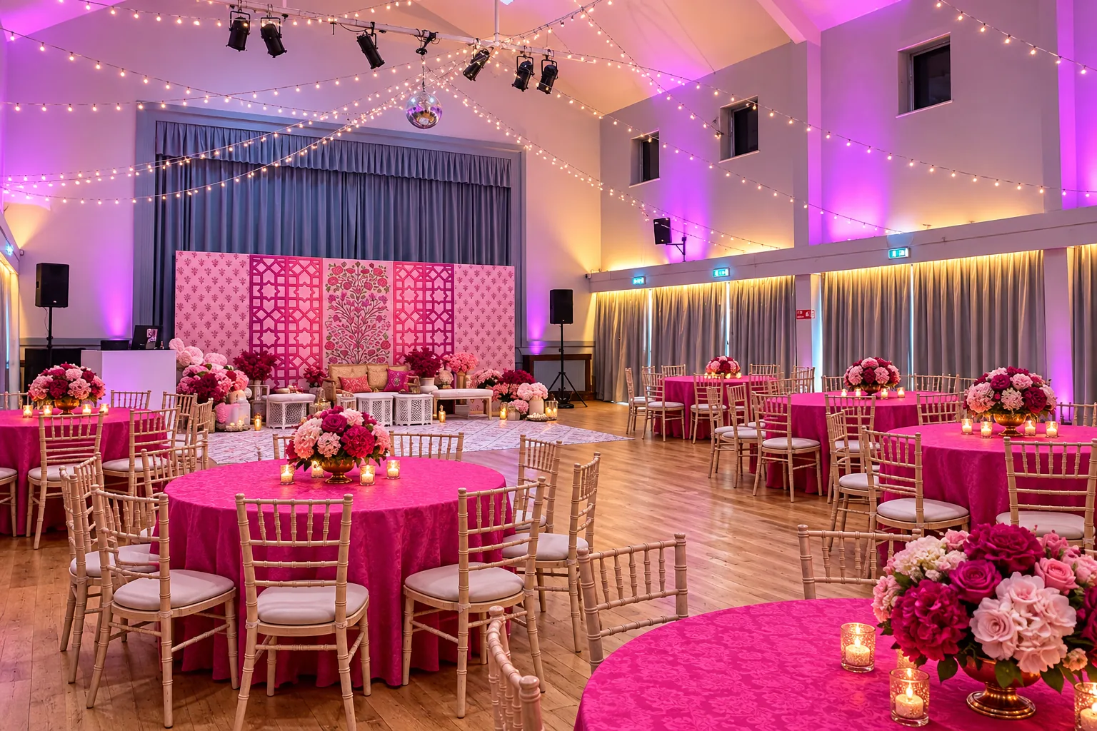 Round tables in bright pink with gold chairs in front of a floral backdrop