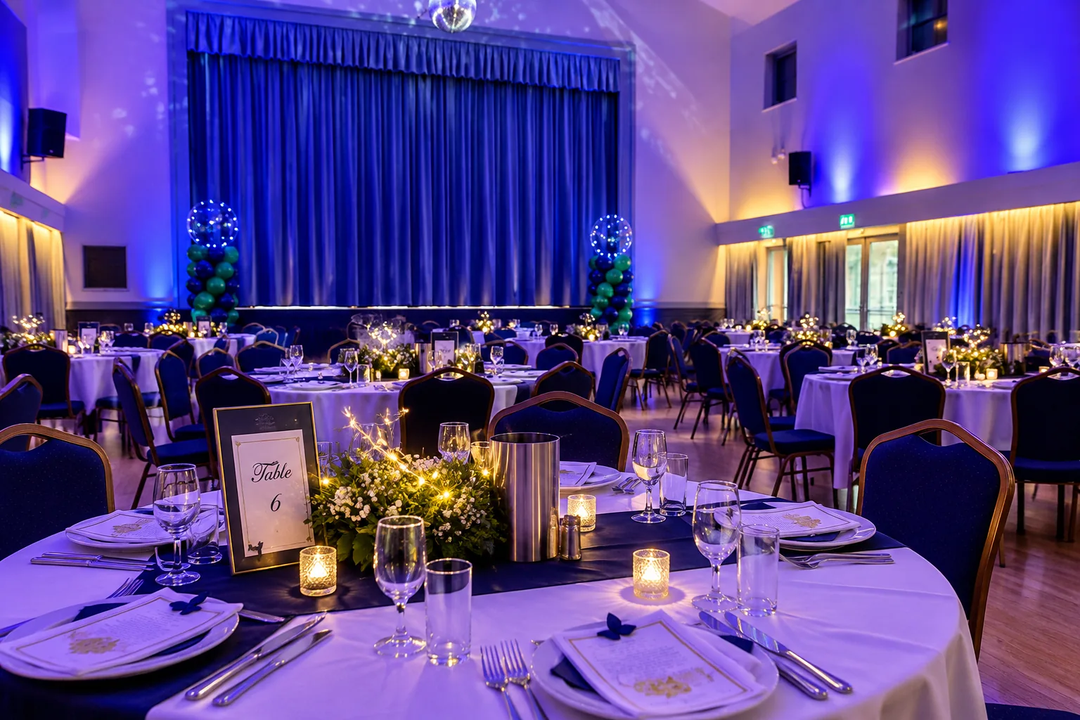 Colston Hall in blue light, tables set with candles for an evening dinner