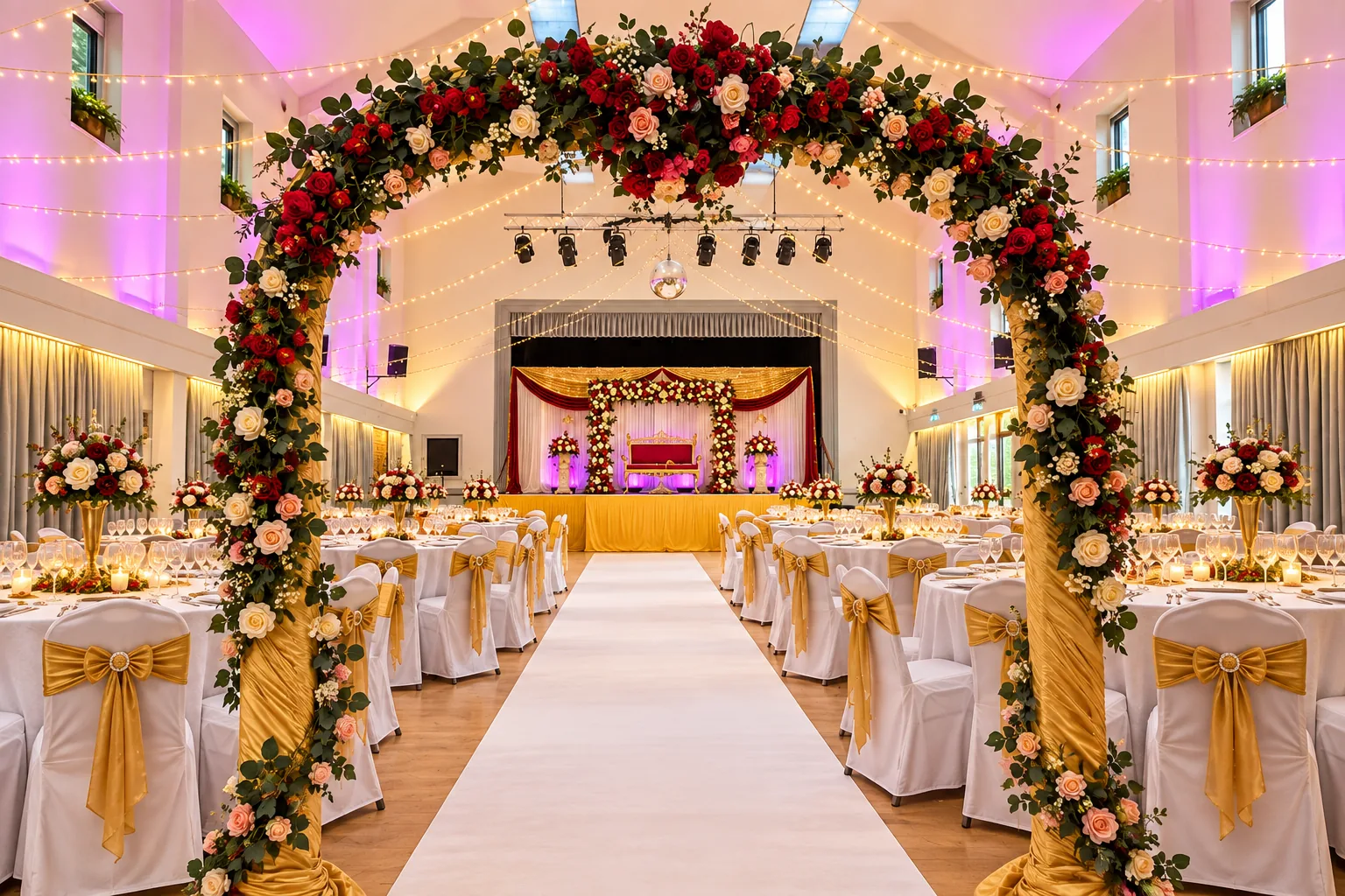 A rose-covered arch over a white aisle leading to a wedding stage