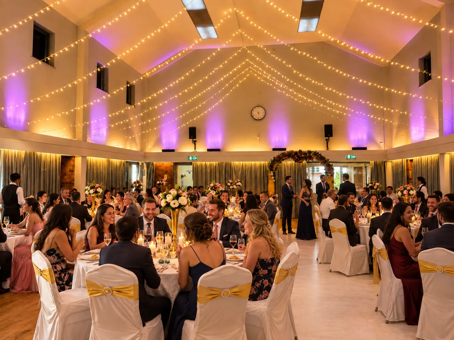 A full wedding reception in Colston Hall beneath canopies of fairy lights