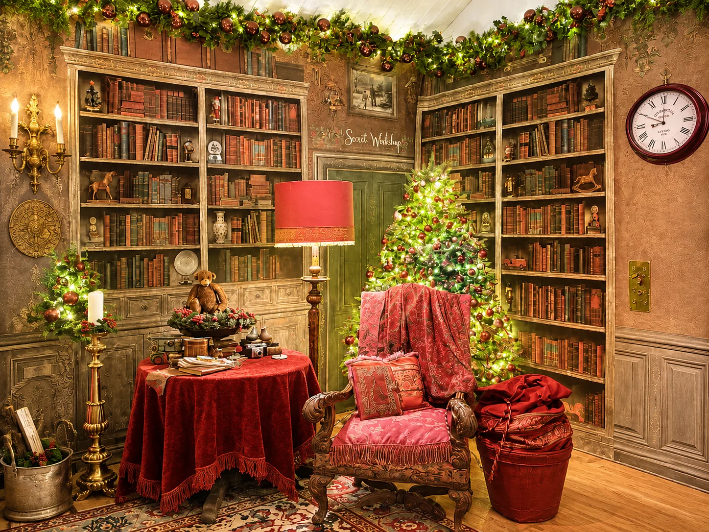 A library-style set with bookshelves, a Christmas tree and a red armchair