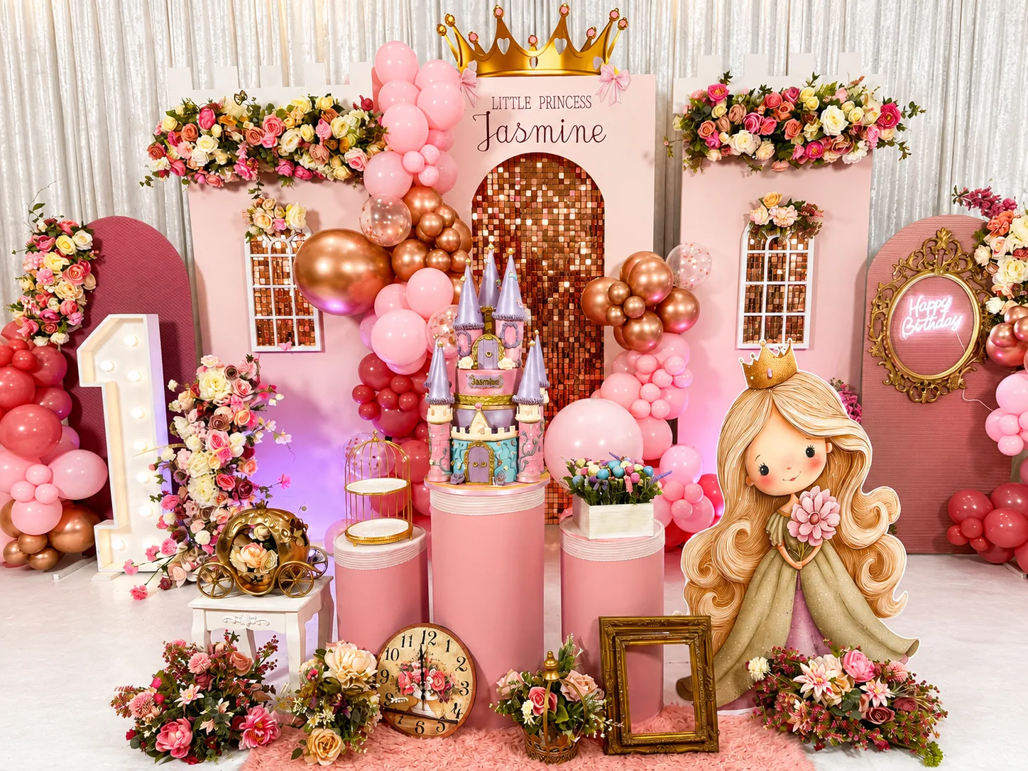 A pink princess party backdrop with a castle cake, balloons and a light-up number 1