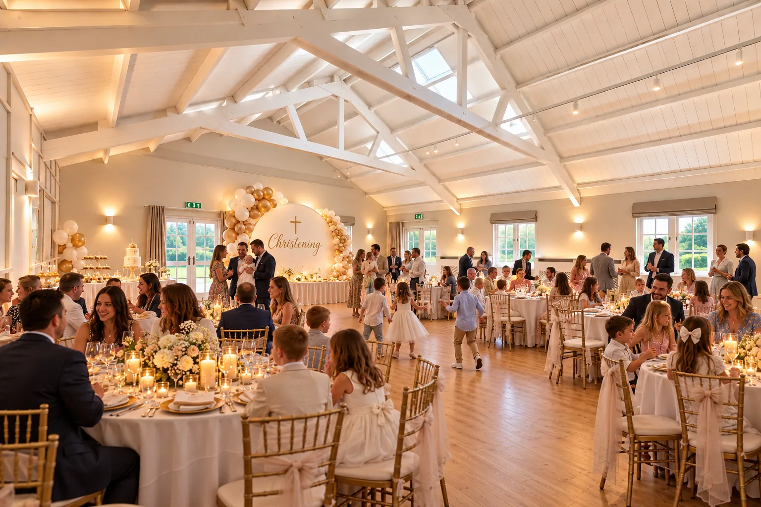 Families at round tables for a christening lunch in the Garden Room