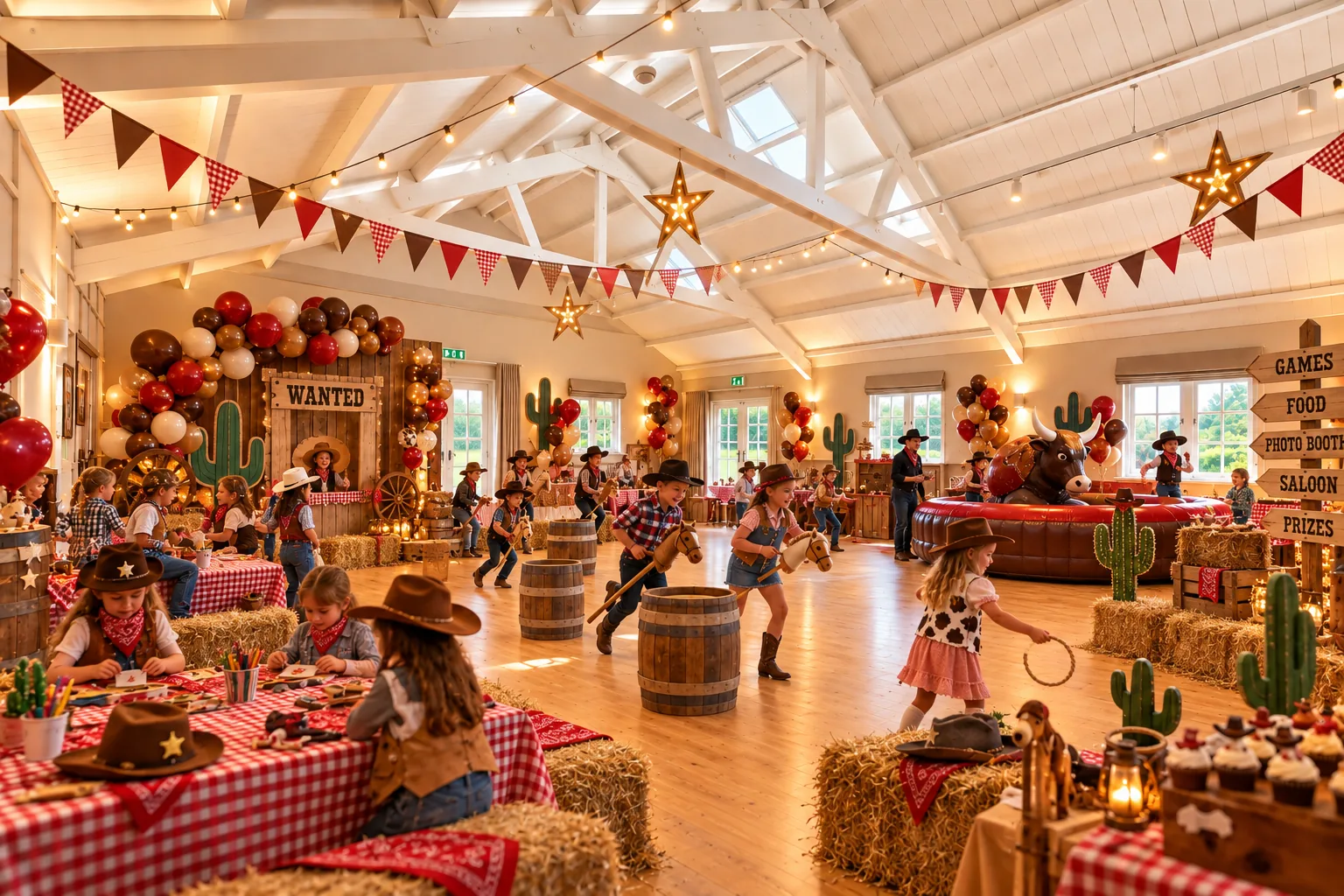 A Wild West themed party with bunting, hay bales and gingham-covered tables