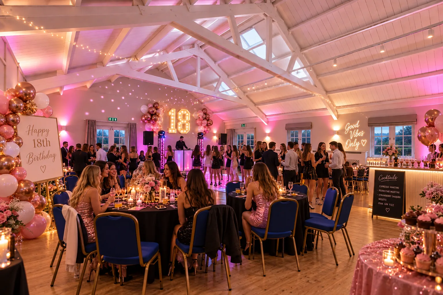 An 18th birthday party in the Garden Room under pink lighting