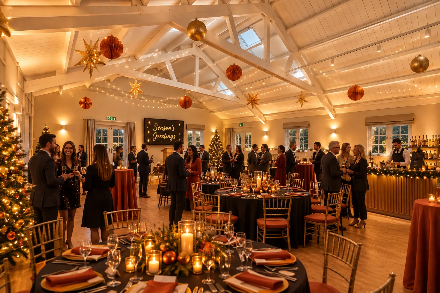 A Christmas drinks reception with candlelit tables and festive decorations