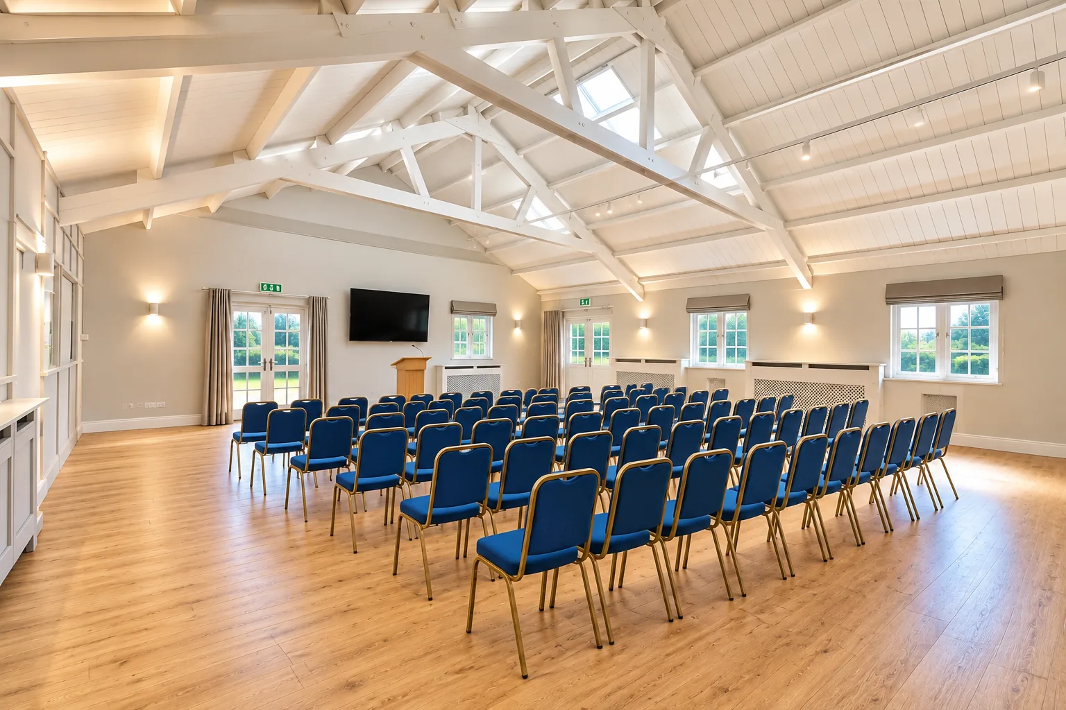 The Garden Room set out theatre-style with blue chairs beneath its white open-beamed ceiling