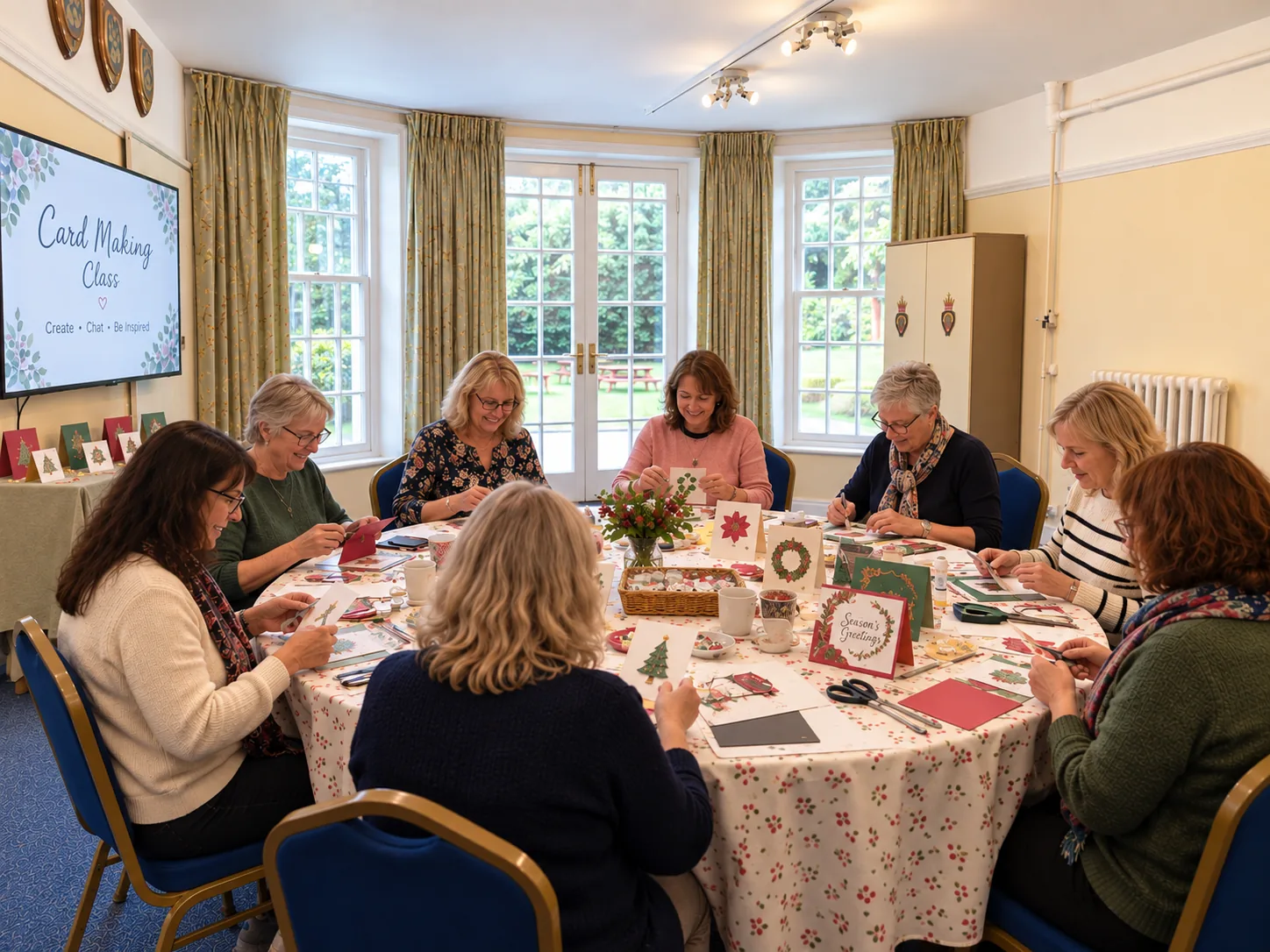 A card-making class around a round table in Room 6
