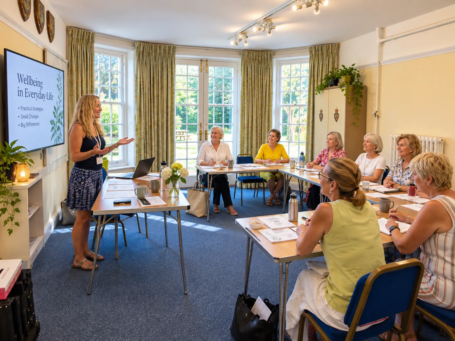 A wellbeing talk in Room 6, attendees at tables facing the presenter