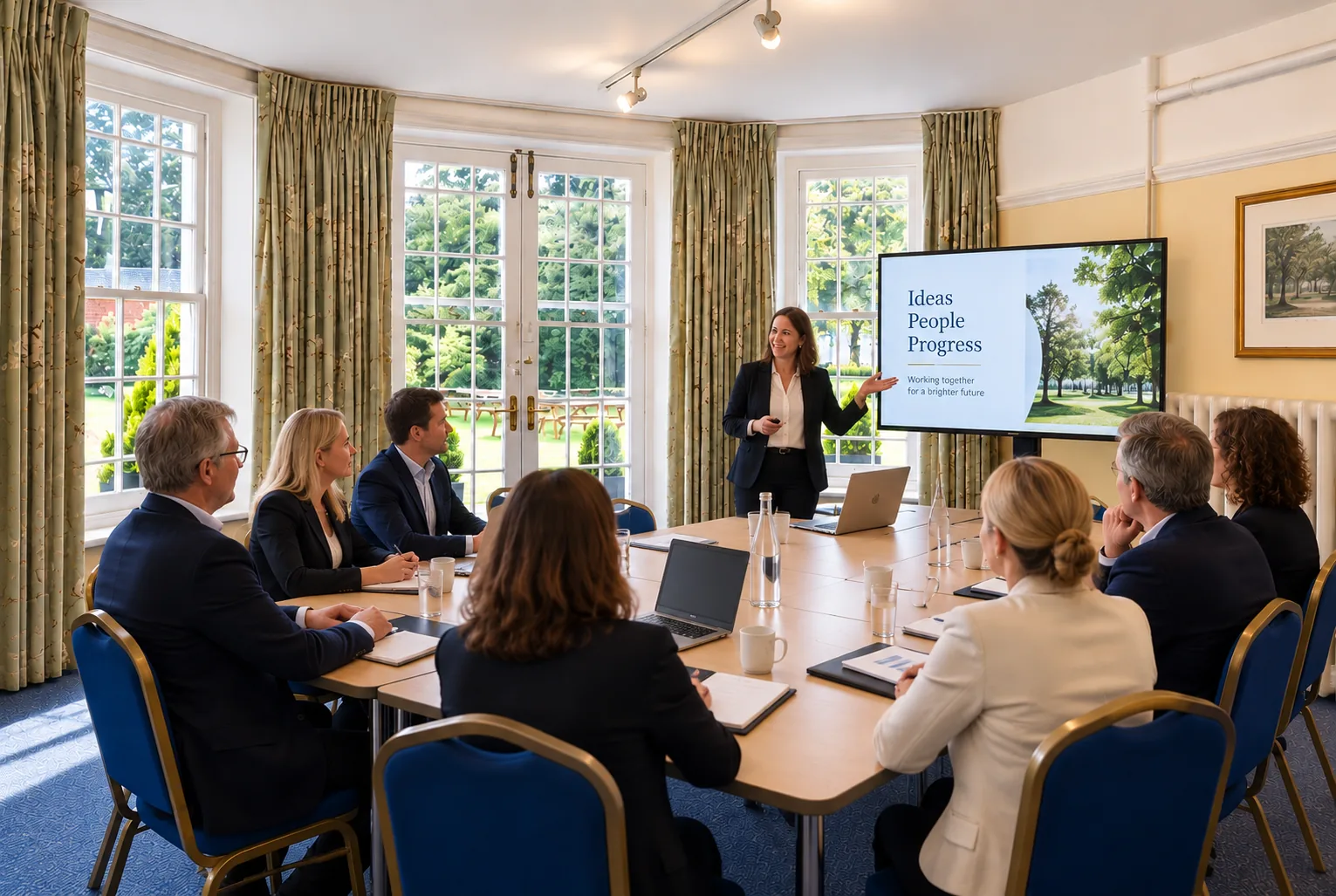 A business presentation in Room 6, a suited group around a boardroom table