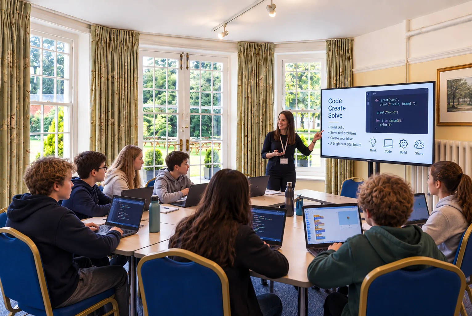 Young people working on laptops during a coding class