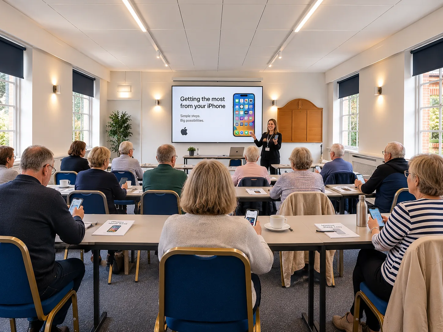 A presentation in Room 4, people seated at tables facing the screen