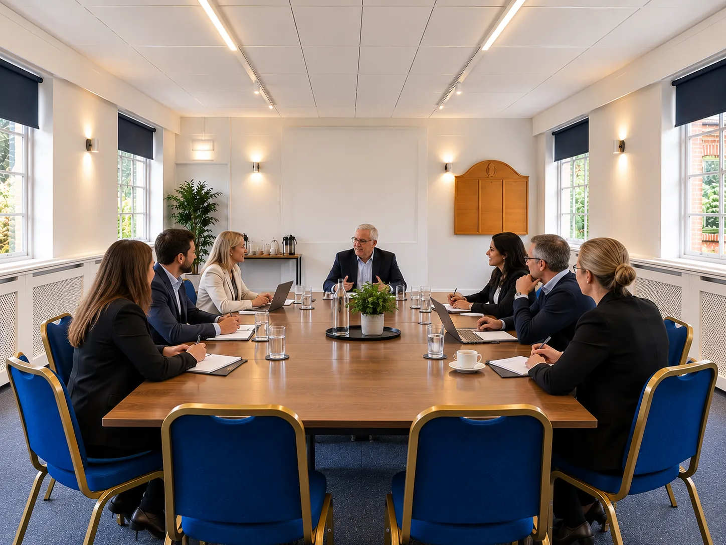 A meeting around a long boardroom table in Room 4