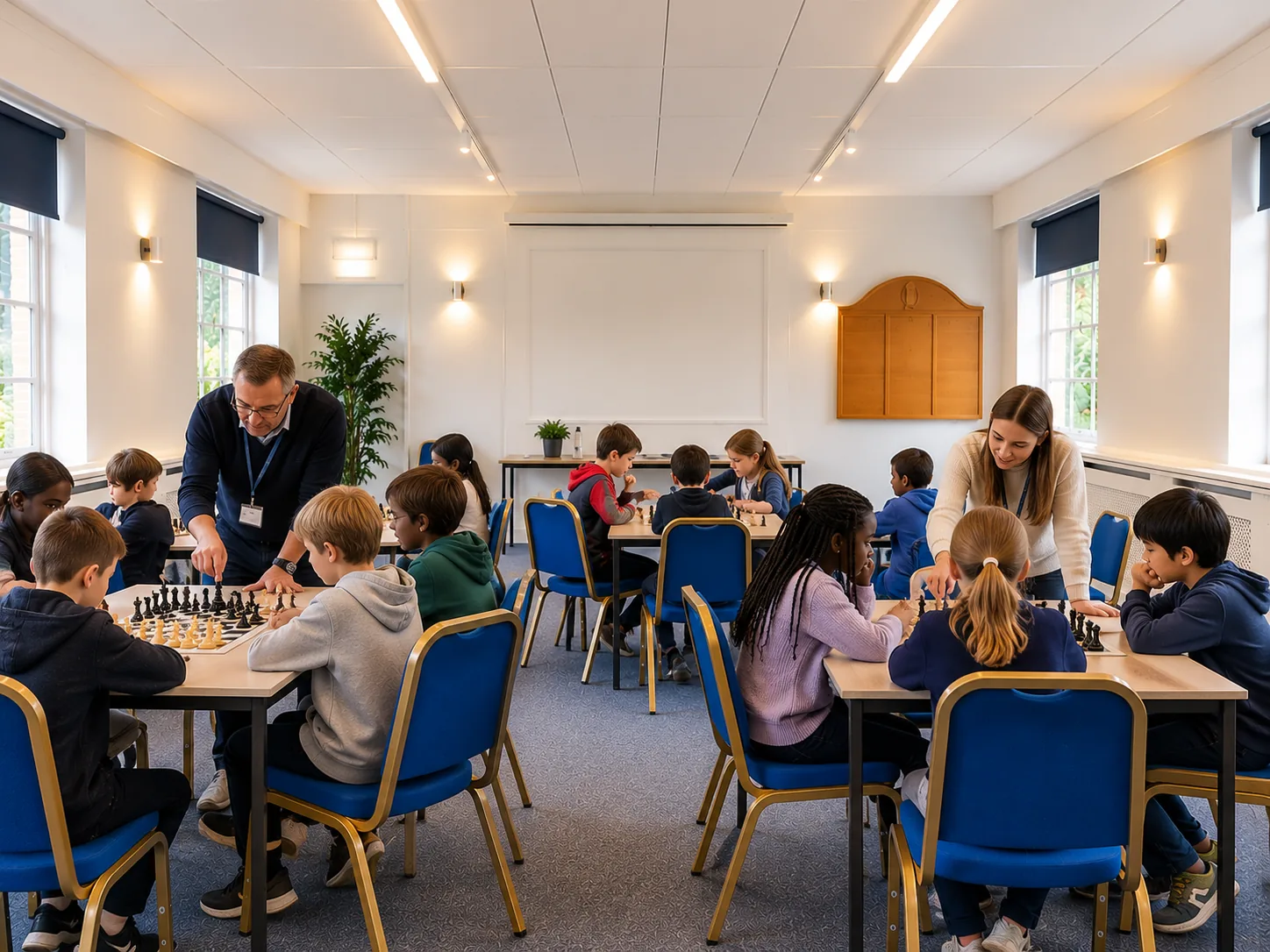 A chess club playing at tables in Room 4
