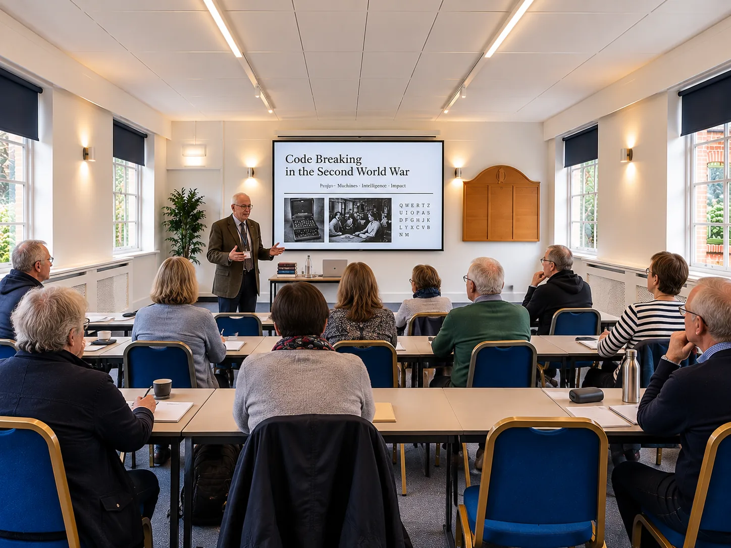 A history talk with slides on the screen and an audience at tables