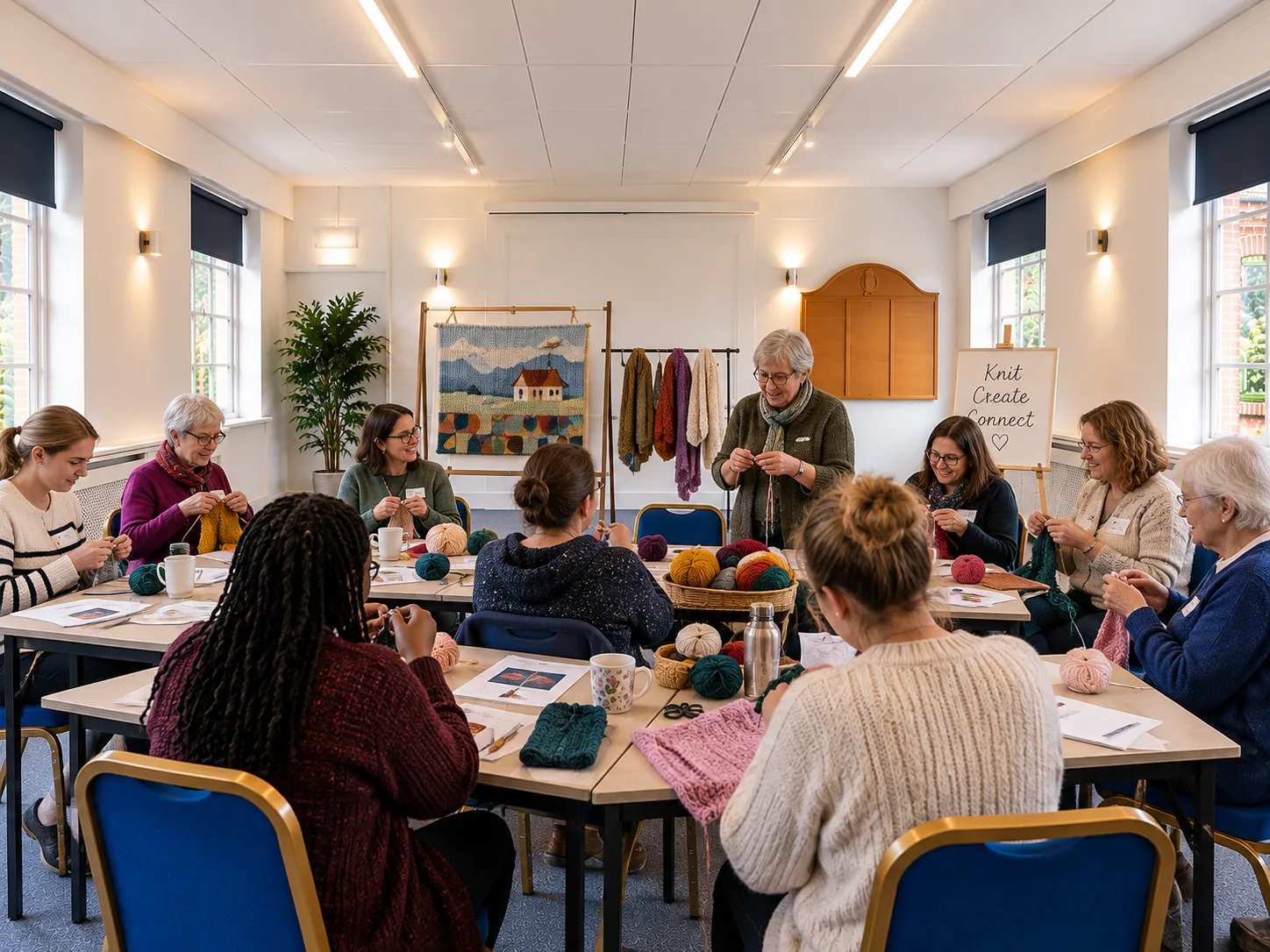 A knitting group working at tables in Room 4, balls of yarn between them