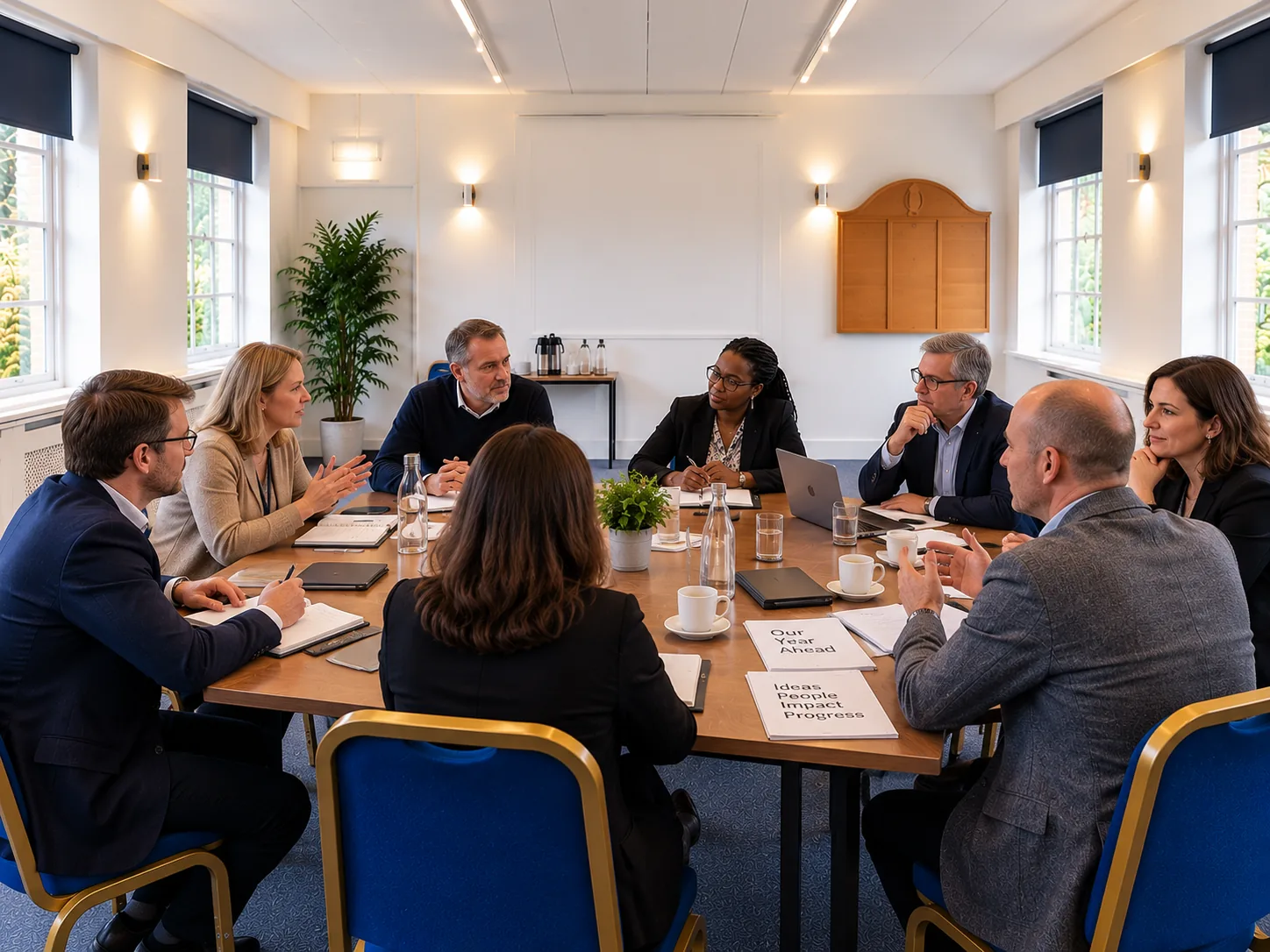 A planning meeting in Room 4, papers headed "Our Year Ahead" on the table