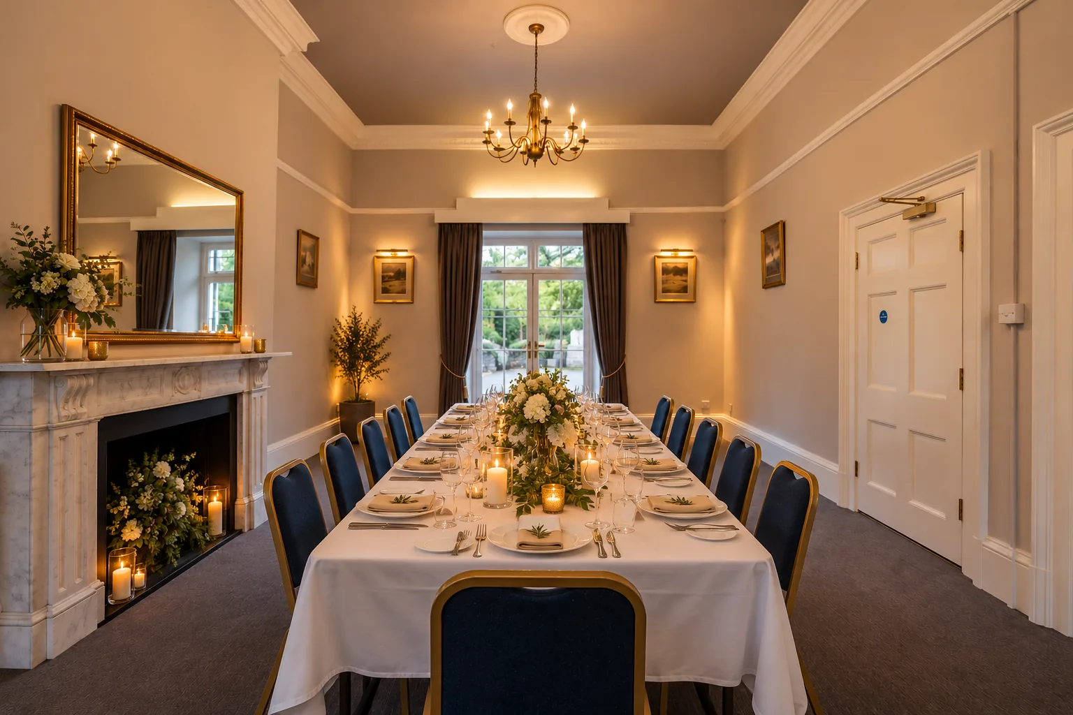 A long table laid for dinner beneath the chandelier in Room 5