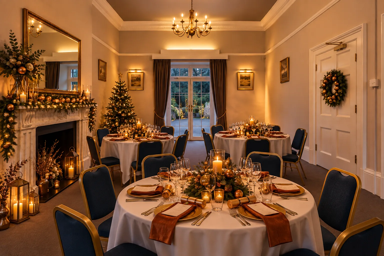 Round tables set for a candlelit Christmas dinner beside the fireplace
