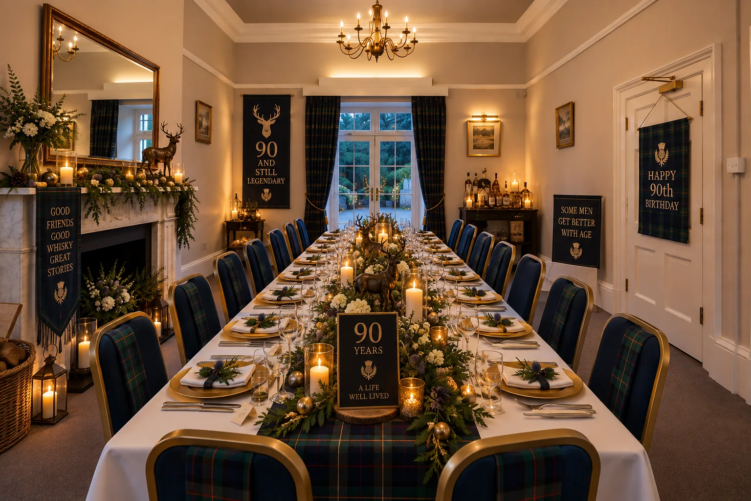 A long candlelit table laid for a 90th birthday dinner
