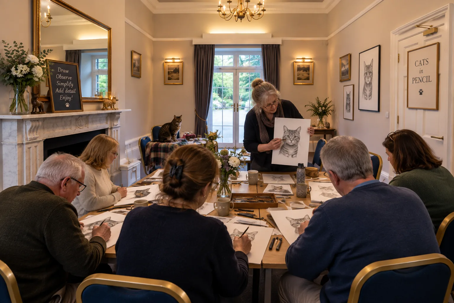 A pencil-drawing class in Room 5, the tutor holding up a sketch of a cat