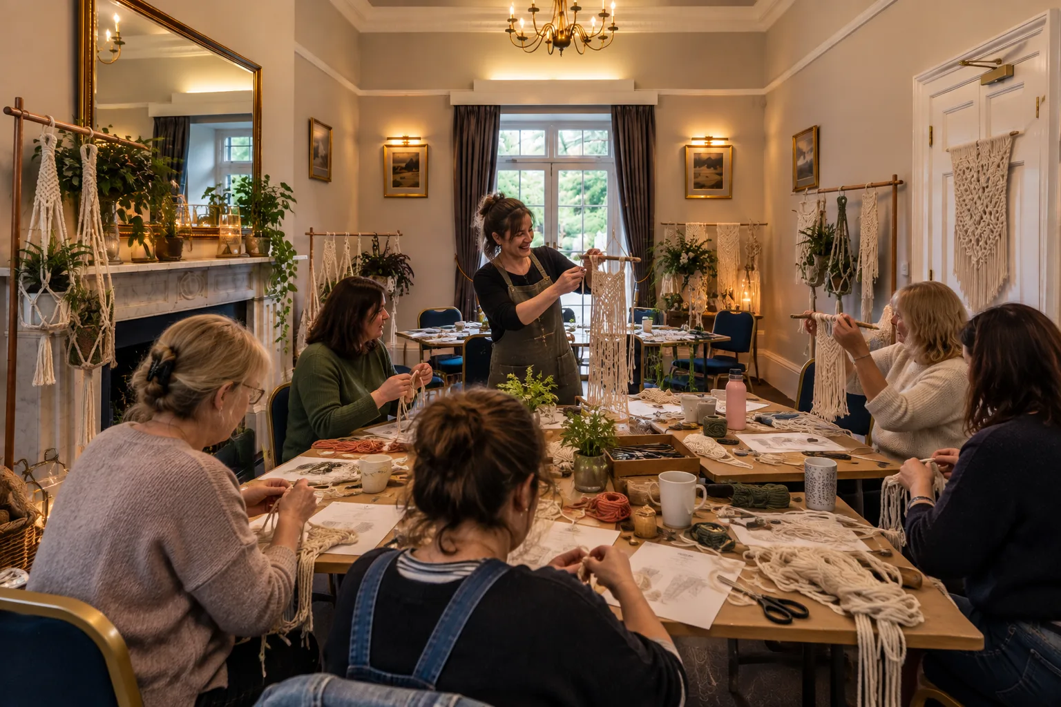 A macramé workshop in Room 5, the tutor demonstrating a wall hanging
