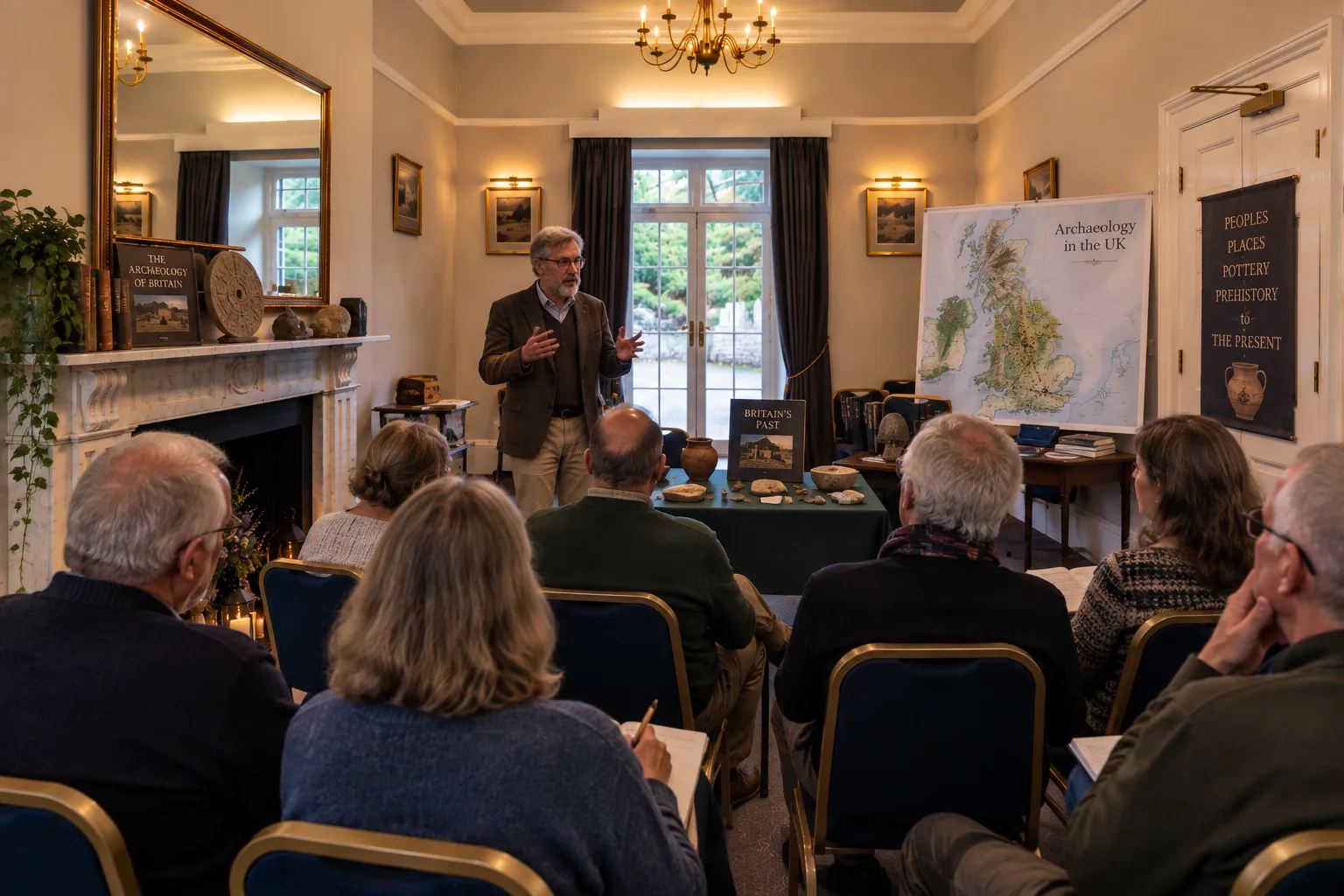 An archaeology talk in Room 5, a map of Britain on an easel