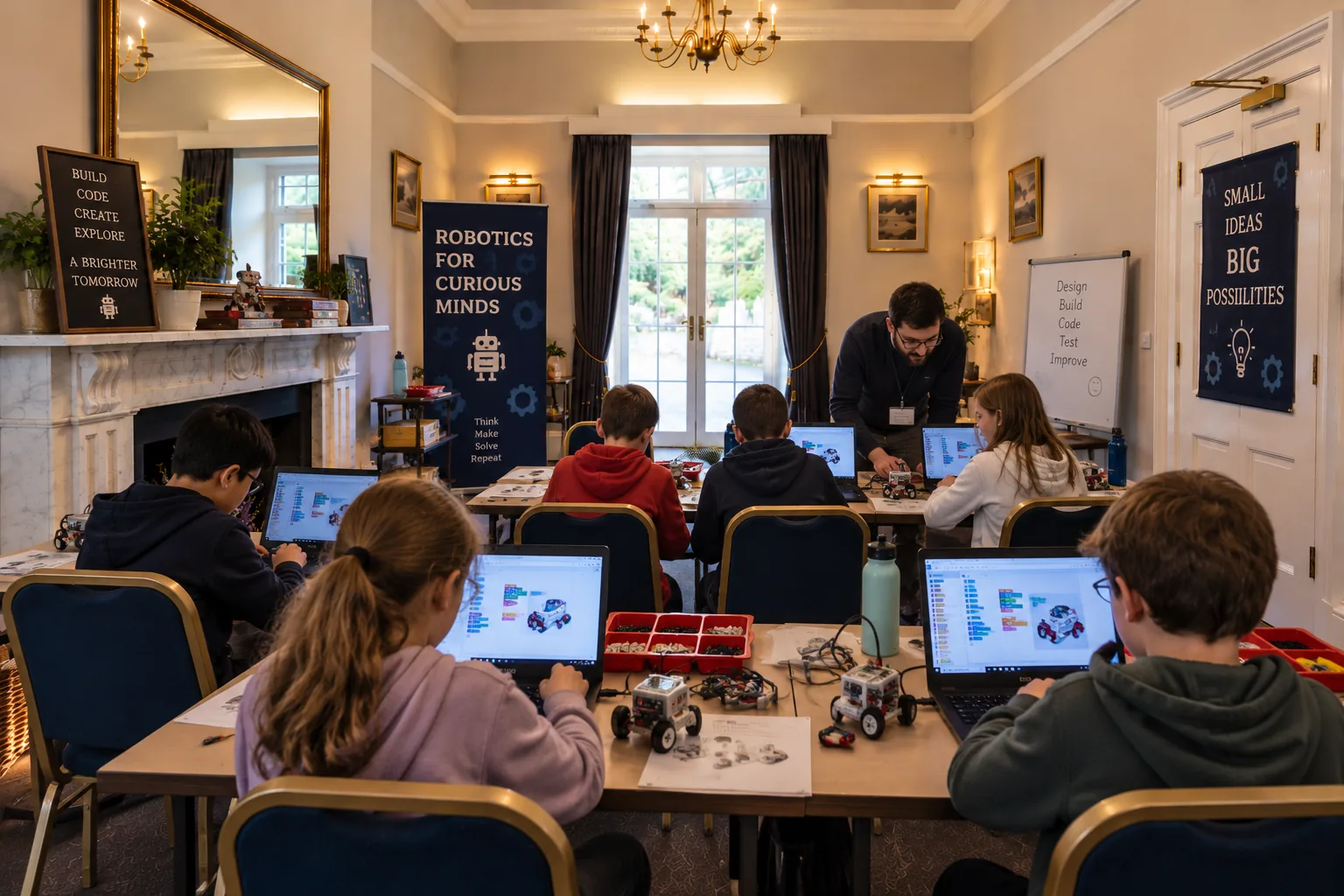 Young people building and programming small robots on laptops in Room 5