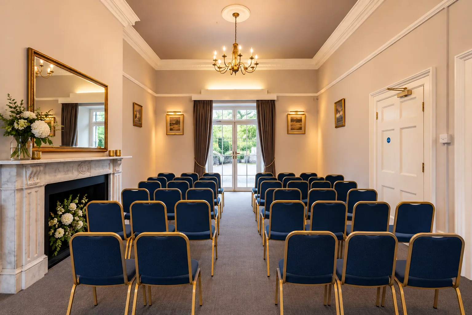 Room 5 set out with rows of chairs beneath a chandelier, a marble fireplace to one side