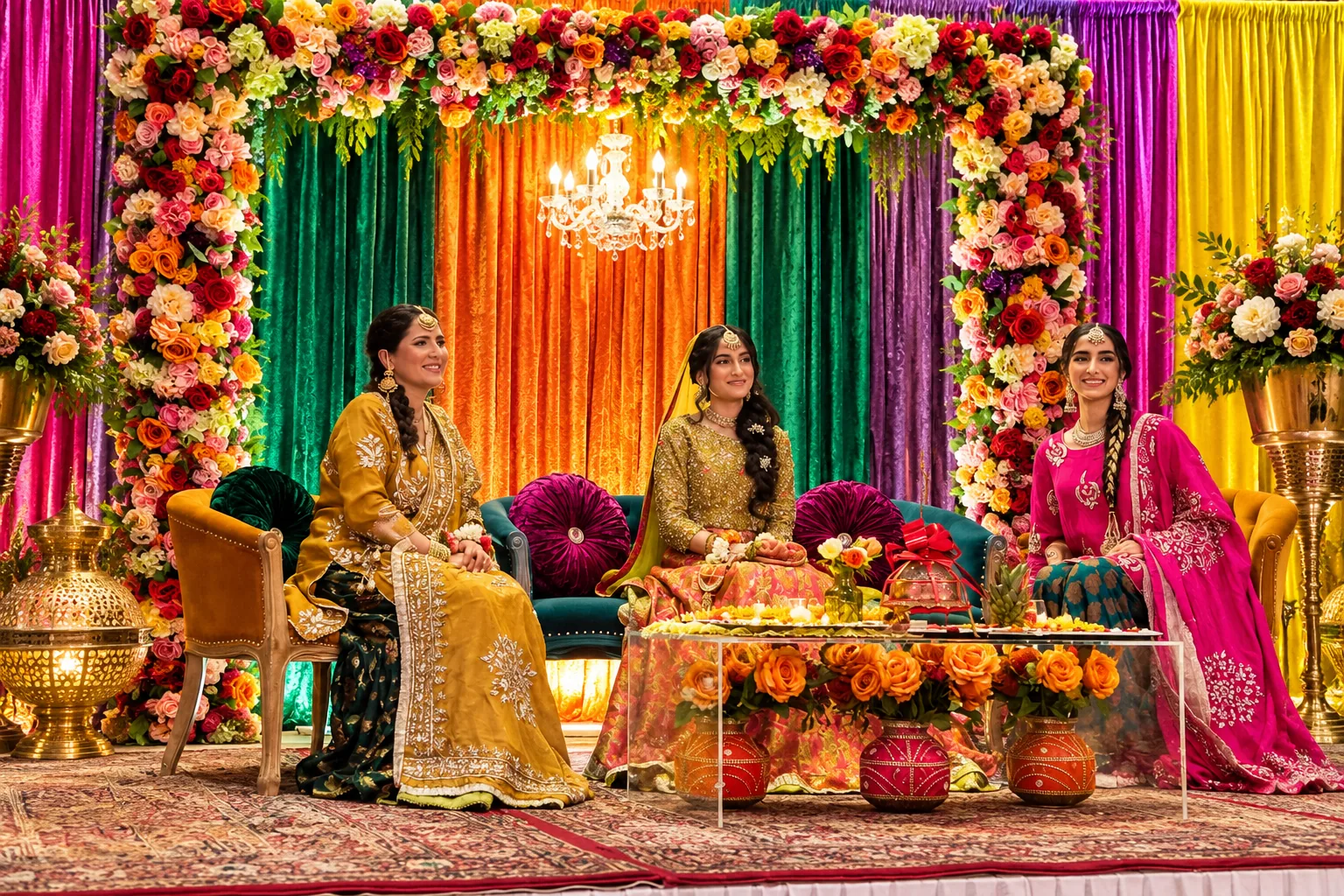 Three women in traditional dress seated on a flower-framed mehndi stage