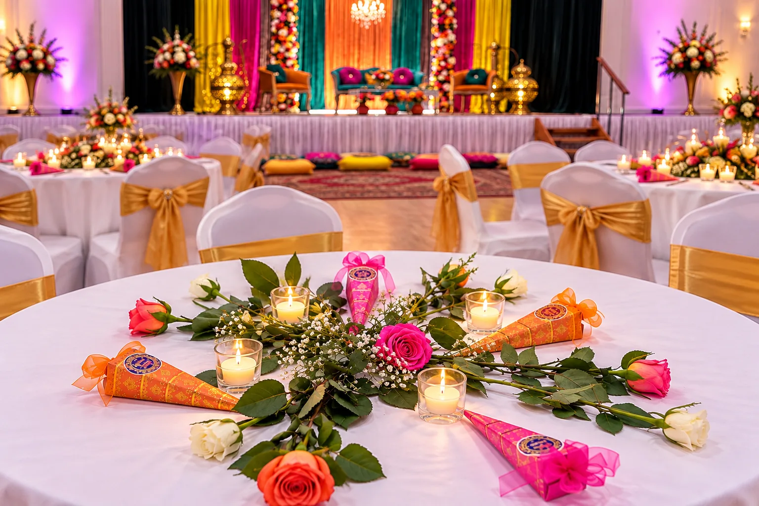 A reception table scattered with roses, candles and favour cones, gold-sashed chairs behind