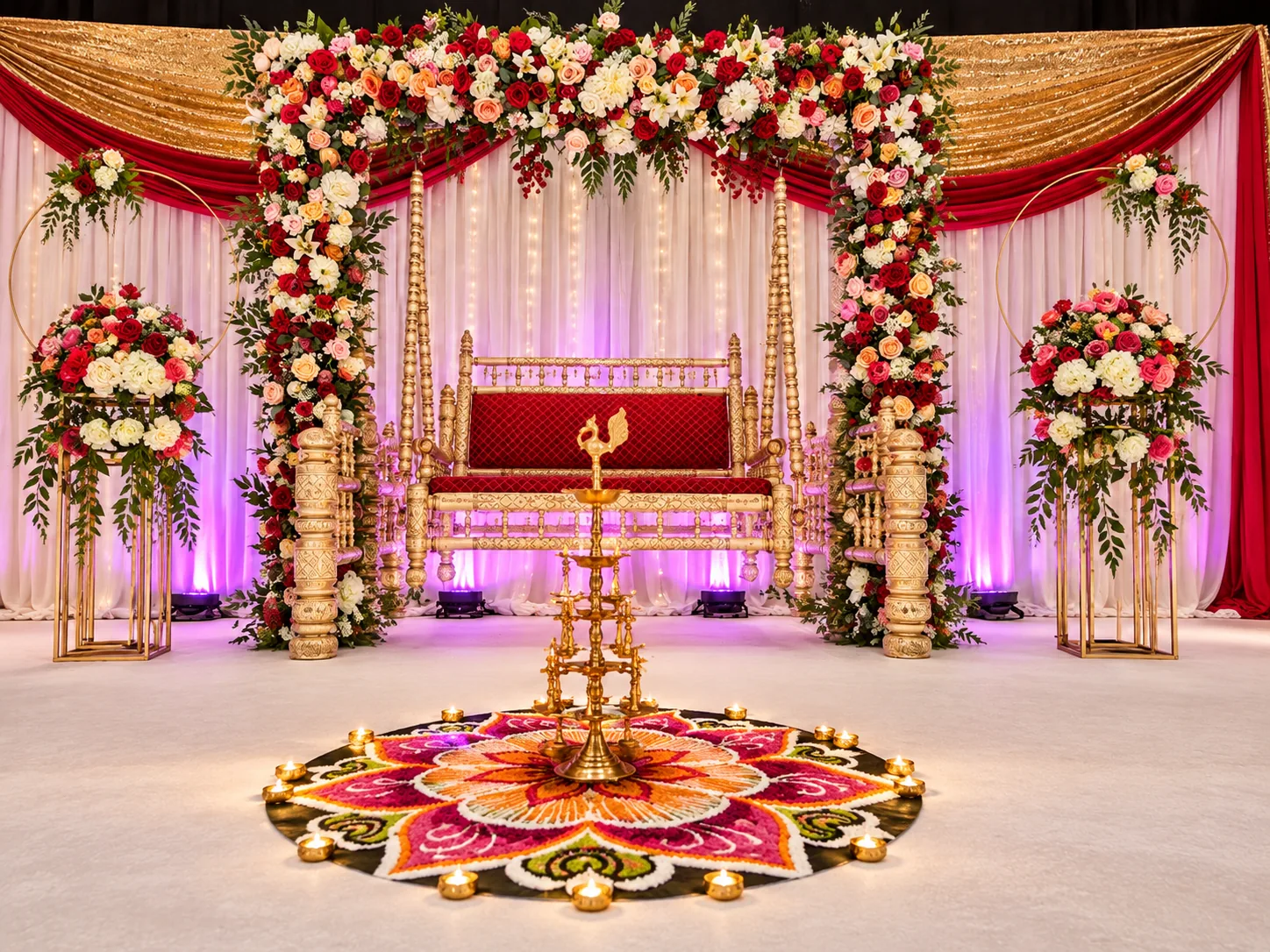 A floral wedding mandap with a swing seat, a brass lamp and a rangoli on the floor