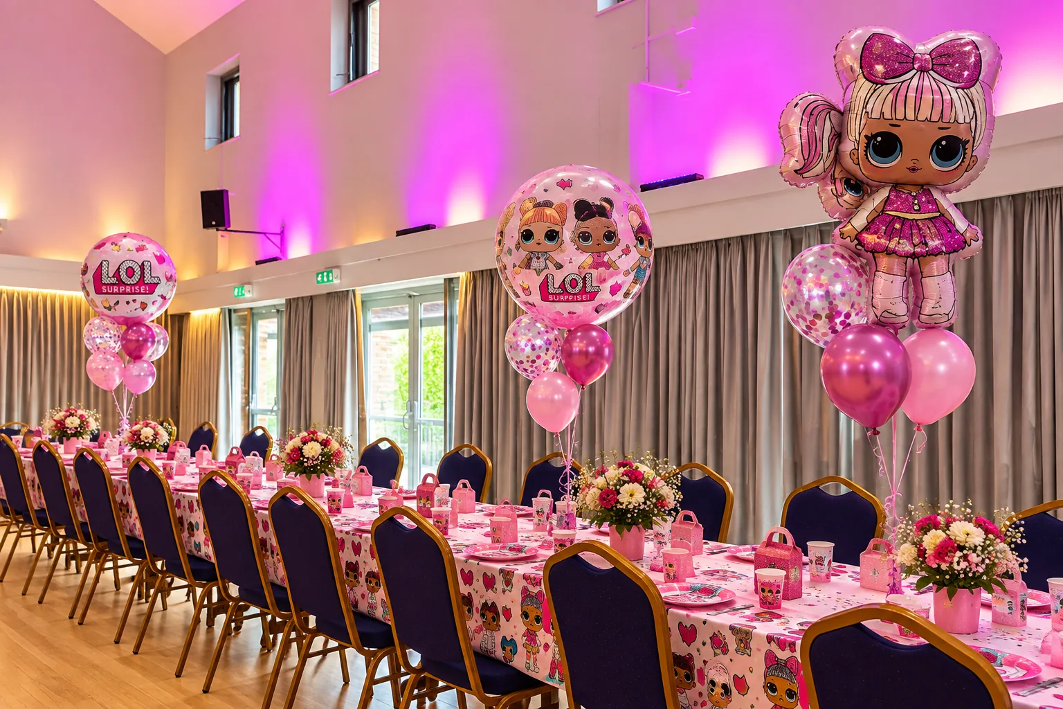Long tables dressed in pink for a birthday party in Colston Hall, with doll balloons above