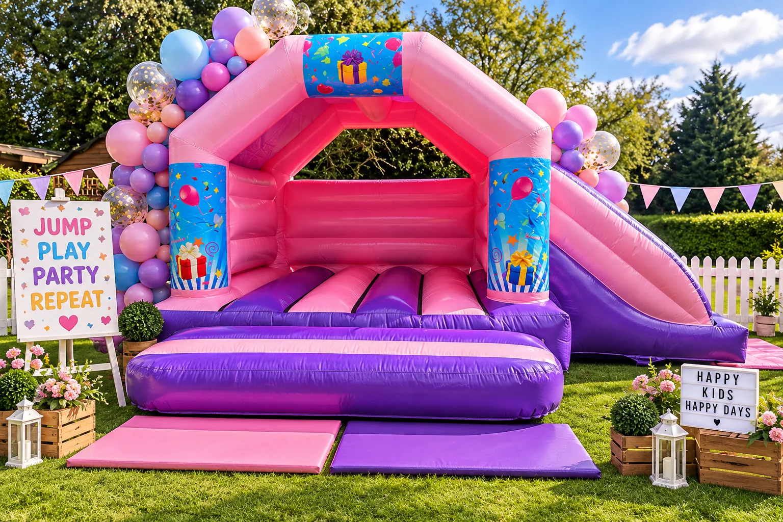 A pink and purple bouncy castle with a slide on a garden lawn, balloons and bunting around it