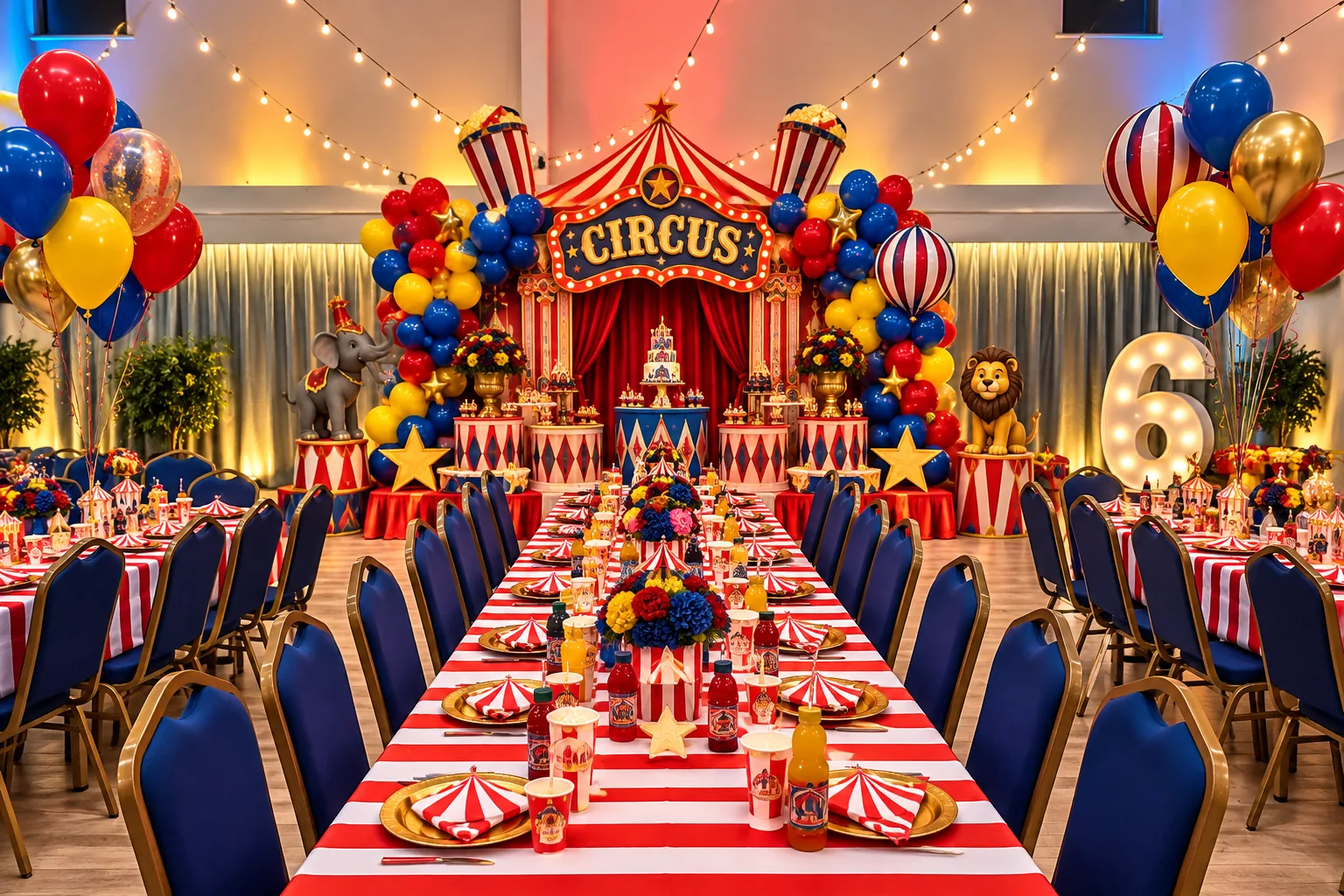 A circus-themed sixth birthday party, striped tables leading to a big-top backdrop and balloons