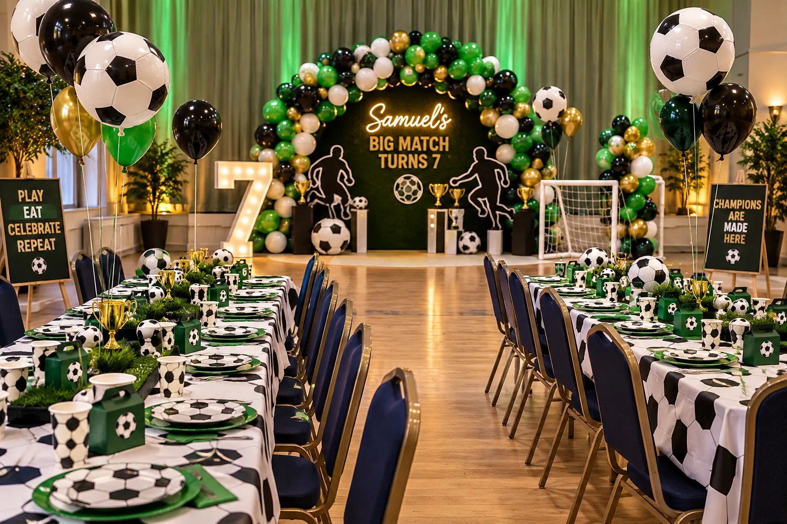 A football-themed seventh birthday party with a balloon arch, goal nets and black-and-white tables