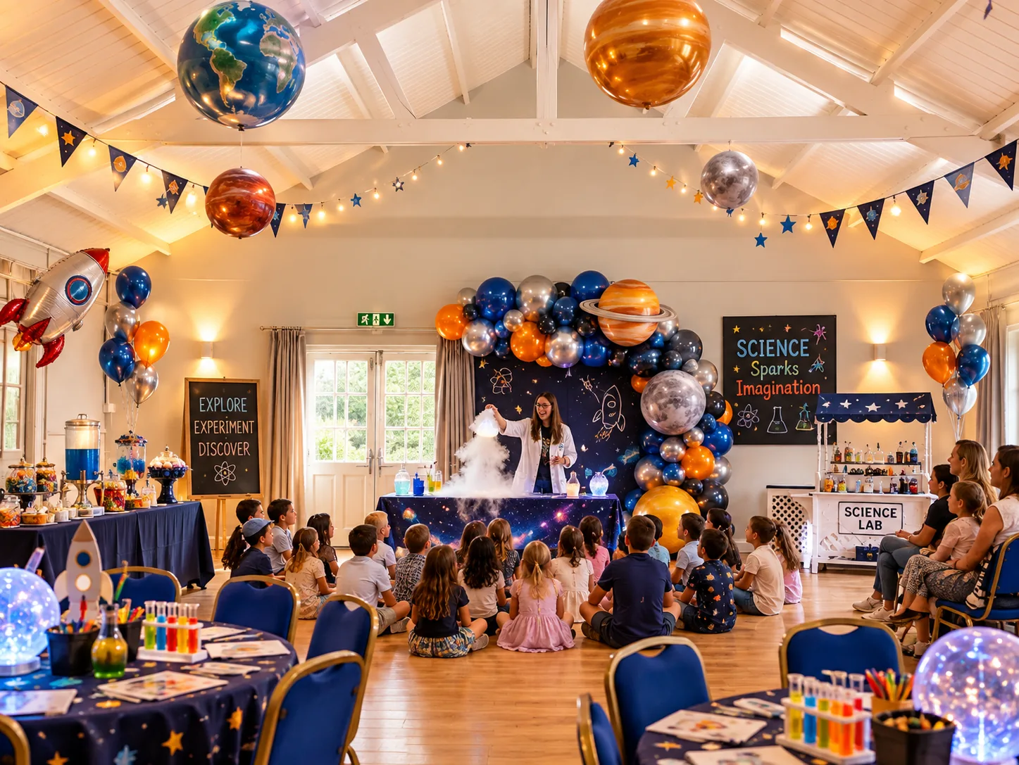 Children watching a space-themed science show, planets hanging from the beams