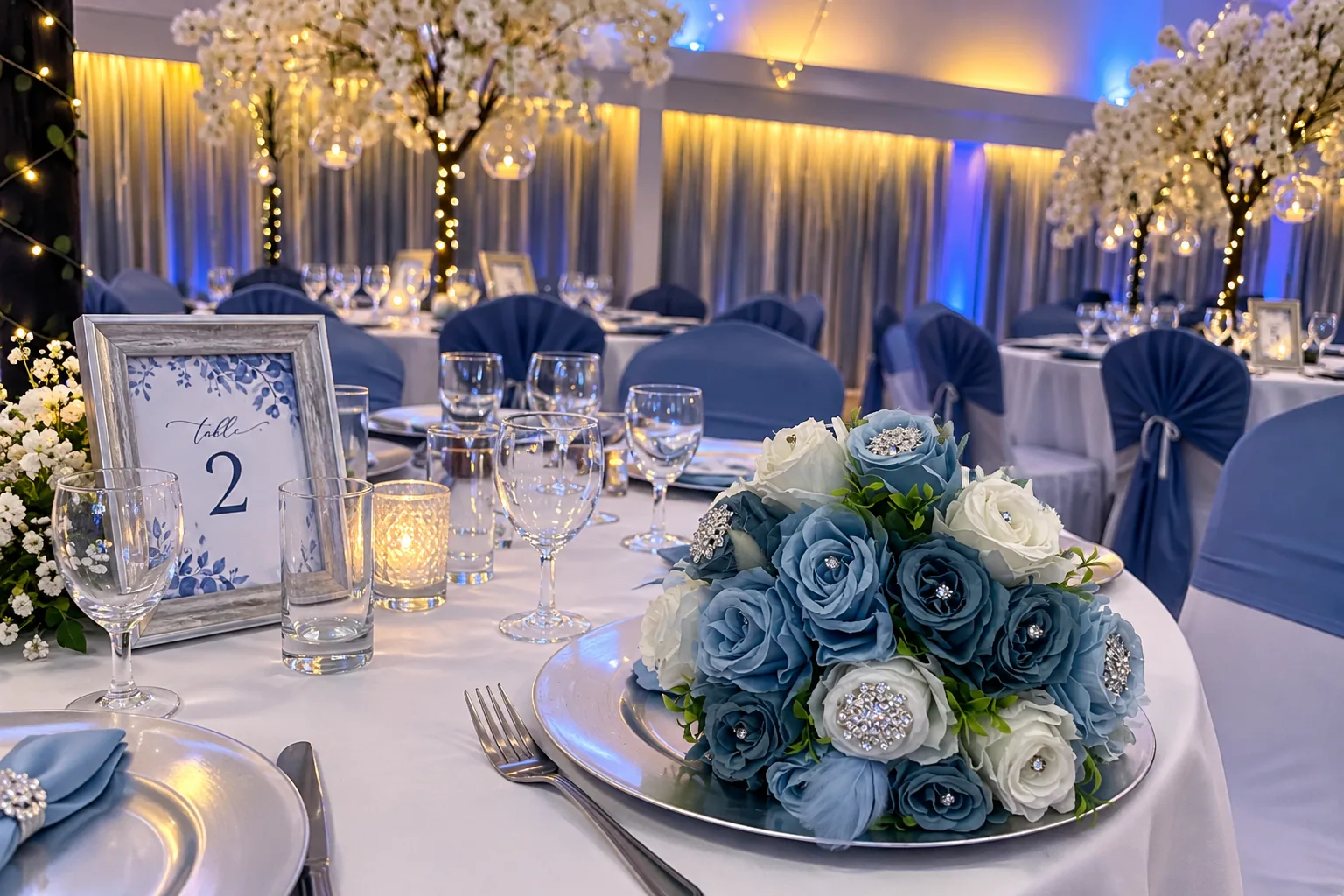A wedding-breakfast table set with blue roses and a table-number card beneath white blossom trees