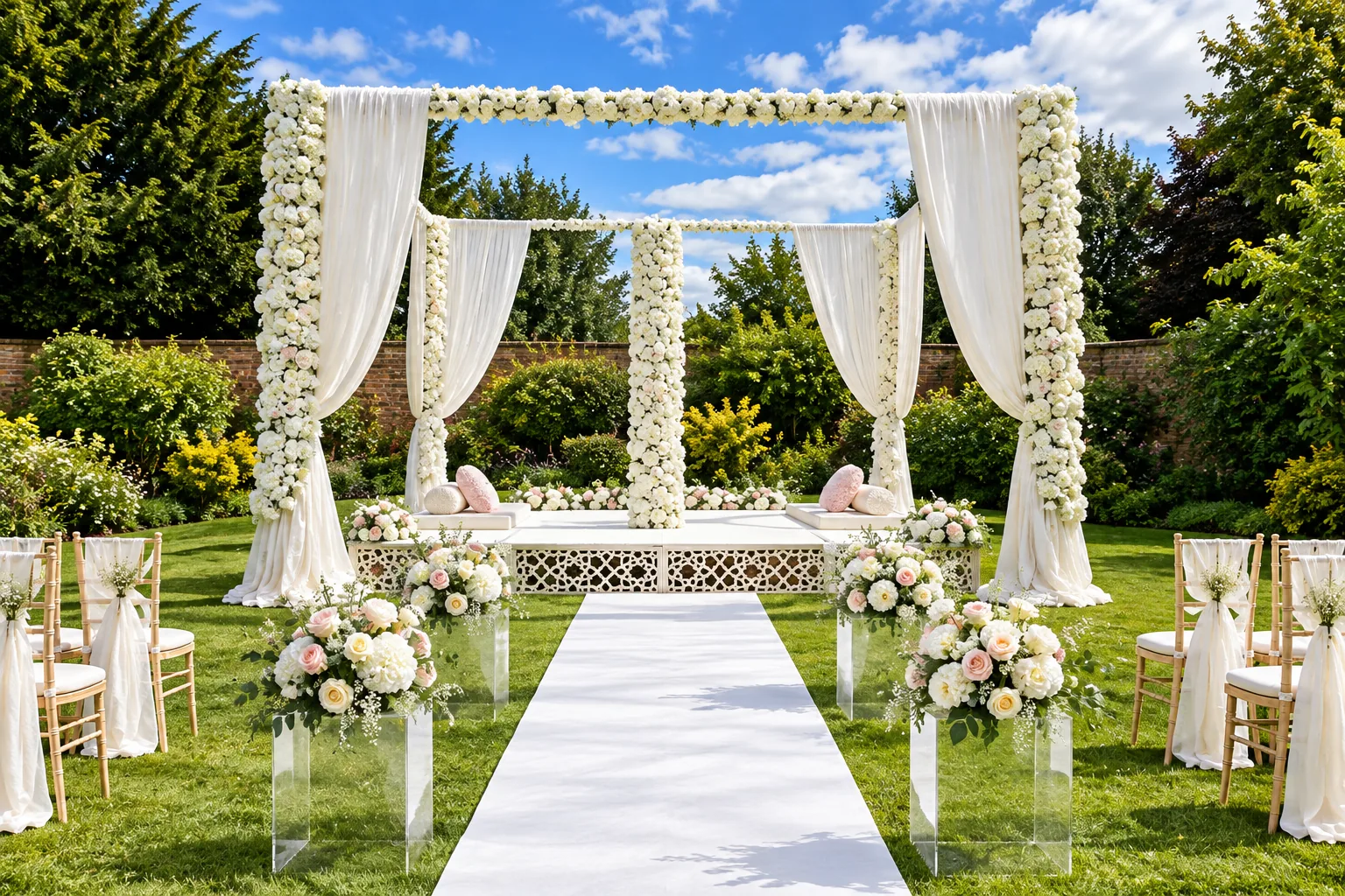 An outdoor ceremony set-up, a white-draped floral canopy at the end of an aisle on the lawn